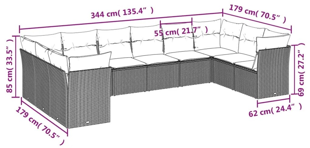 10 részes világosszürke polyrattan kerti ülőgarnitúra párnákkal