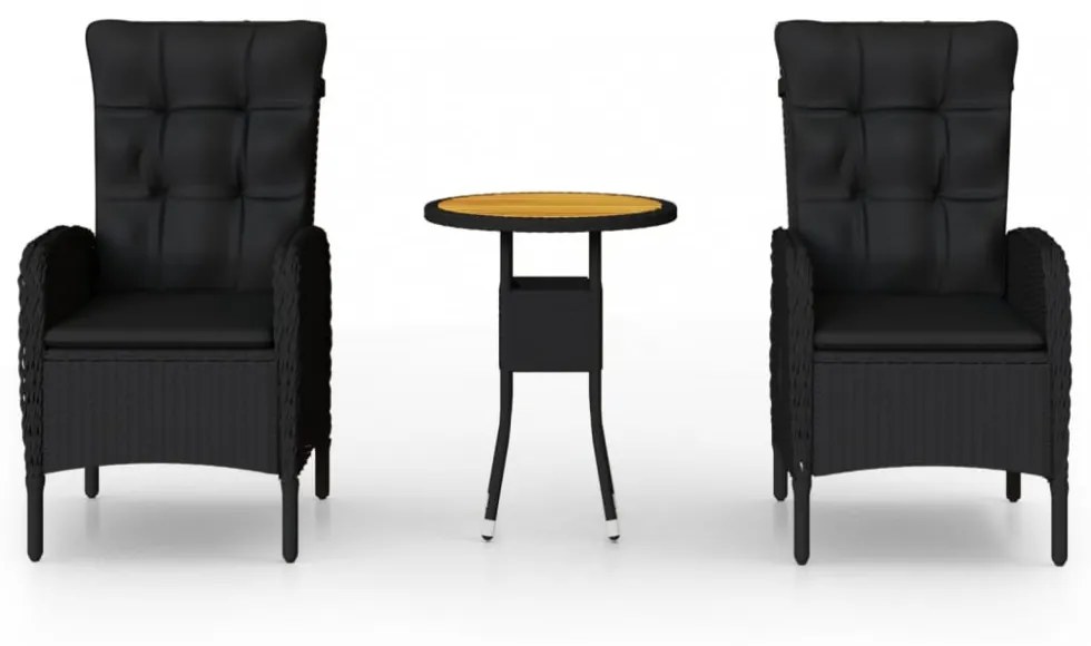 3 részes fekete polyrattan kerti bisztrószett
