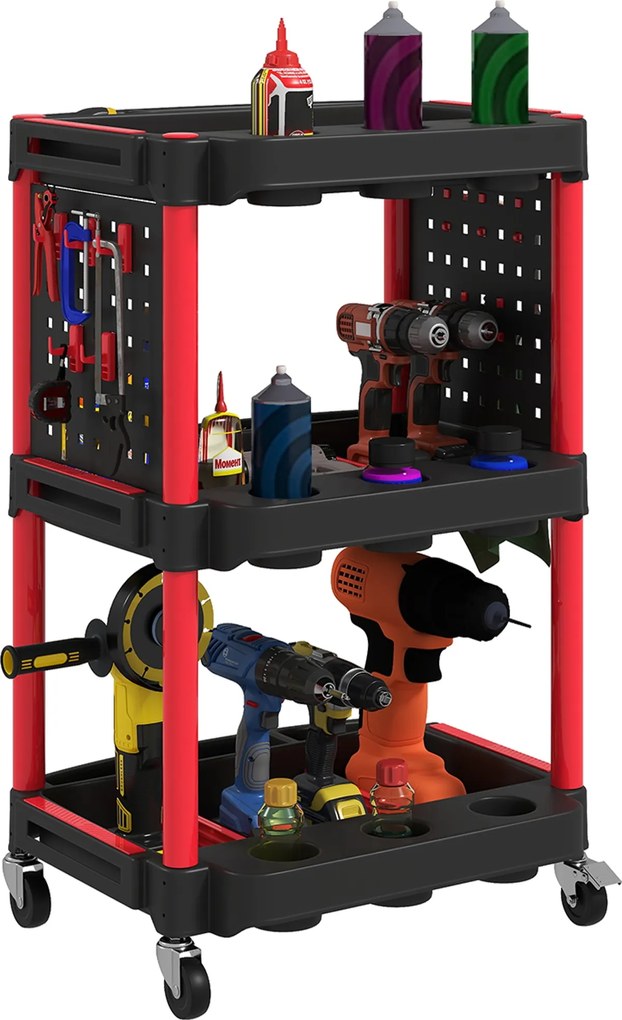 HOMCOM Műhely Szerszámkocsi 3 Szinten, Oldalsó Lyukakkal, 10 Horoggal, Maximum 91 kg Teherbírással, Fekete | Aosom