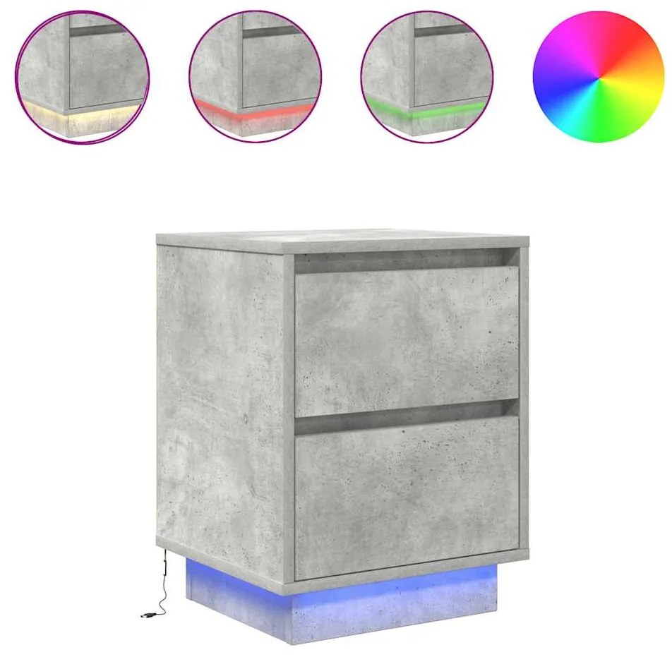 2 db betonszürke éjjeliszekrény LED-fényekkel 38x34x50 cm