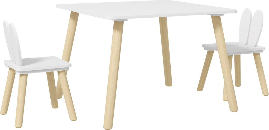 AIYAPLAY Gyermek Asztal és 2 Szék Szett - Gyerek Asztal Nyúlfüles Háttámlával - Fehér | Aosom