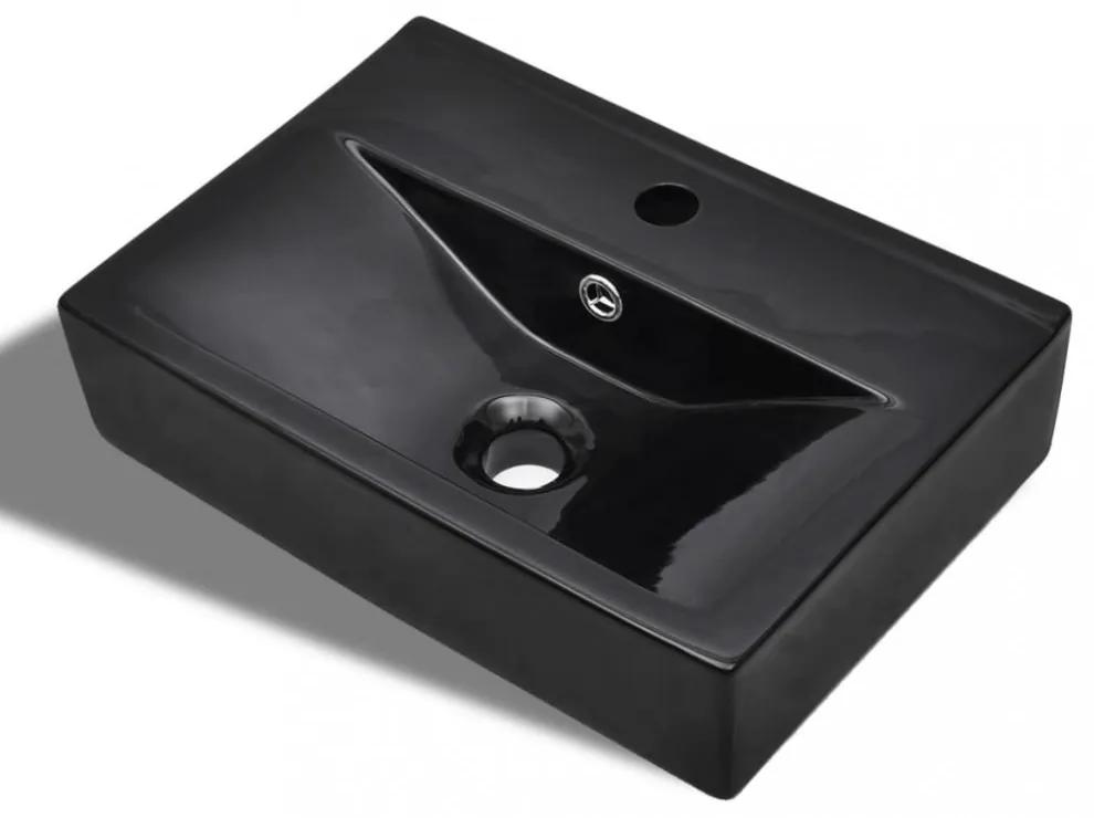 Négyszögletes kerámia fürdőszoba mosdókagyló csaptelep és túlfolyó nyílás fekete