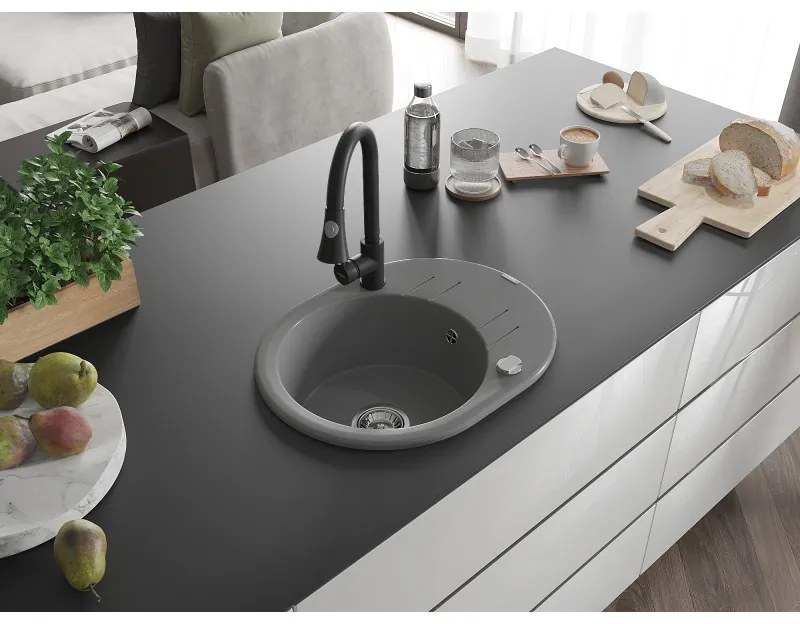 Mexen Kevin, 1 kamrás gránit mosogató 586x458x190 mm és Elia mosogató csaptelep, szürke, 6517-71-670101-70
