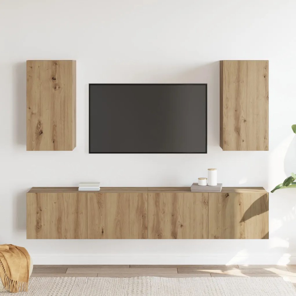 4 darabos TV szekrény szett fali elhelyezéshez művészi tölgyből készült