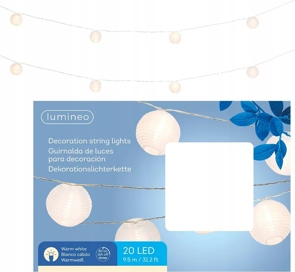 Kerti fényfüzér Lampionok fehér 20 Led meleg fehér 9,5m