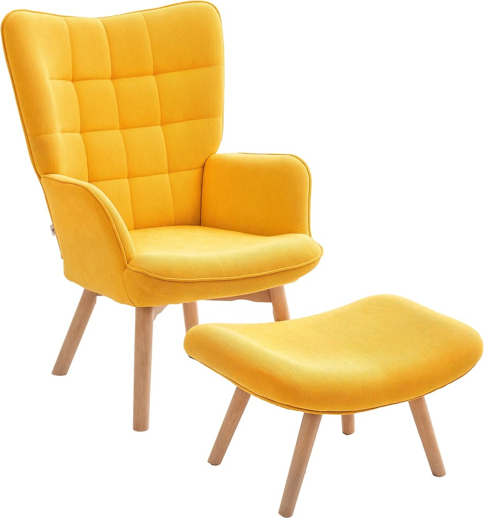 HOMCOM Fotel Puffal, Háttámlás Szék Magas Háttal, Fa Lábakkal, Kényelmes Fotel Zsákos Dizájnnal, Kordbársony Hatással, Nappaliba, Sárga | Aosom