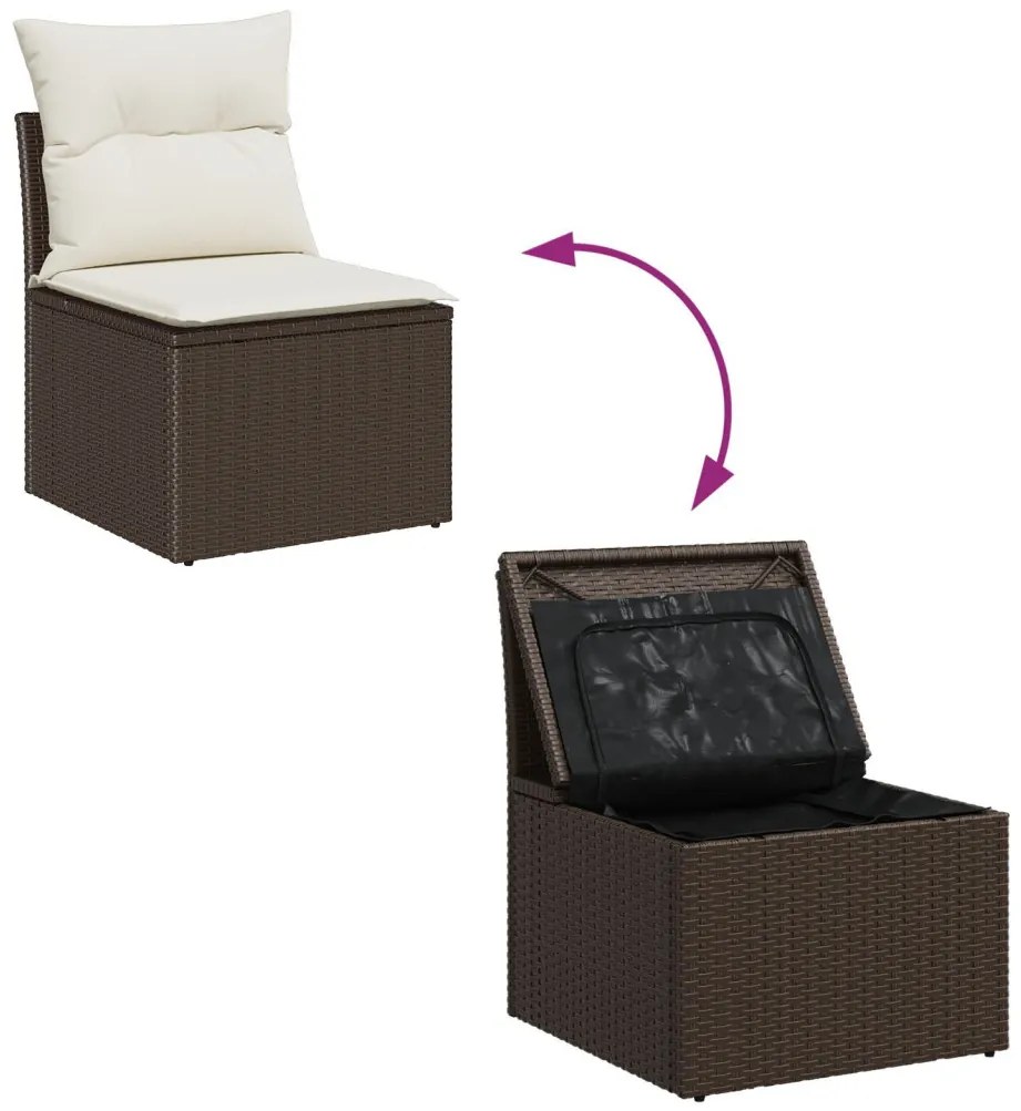 5 darabos kerti sofa garnitúra párnákkal, barna poli rattan, 2 fős kerti sofa tárolóval és párnákkal, barna poli rattan