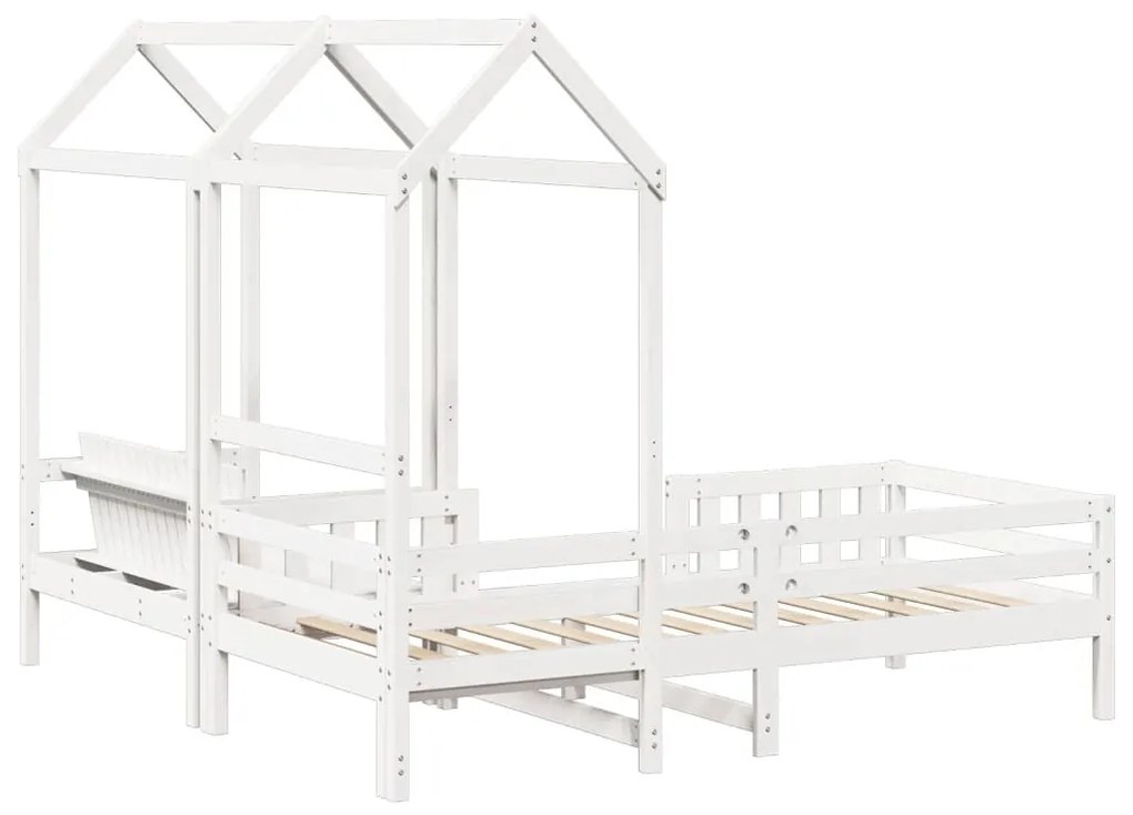 fehér tömör fenyőfa ágy és pad szett tetővel 80 x 200 cm