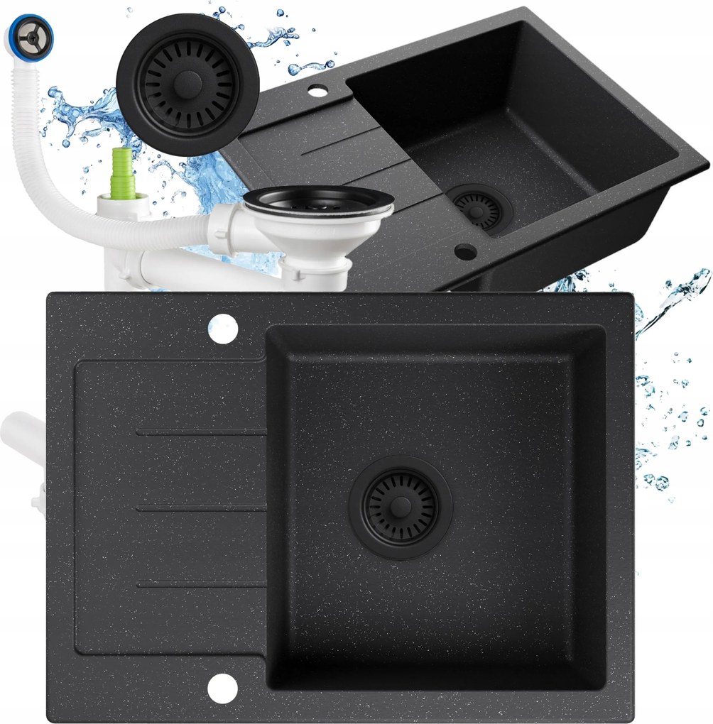 Gránit mosogatótál, egy medencés, pöttyös, 60.2x44.2 cm, csepegtetővel szifon