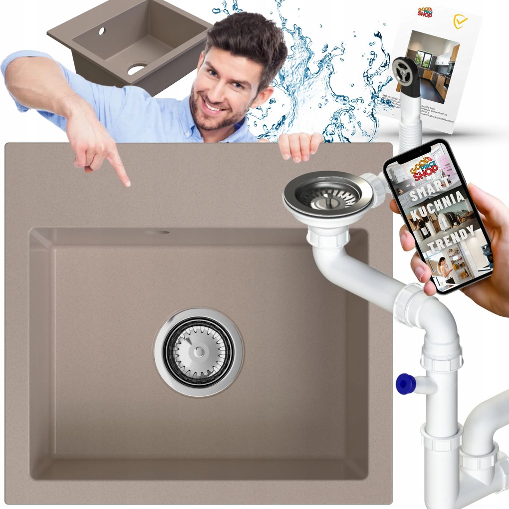 Egymedencés Gránit Mosogató Csepegtető Nélkül Bézs Konyhai Szifon 6in1