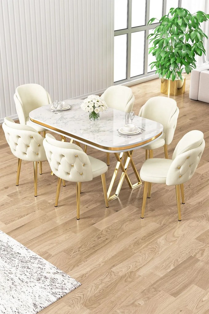 Zae étkezőgarnitúra, fehér márvány-arany, 168 cm – TR240CHR3088