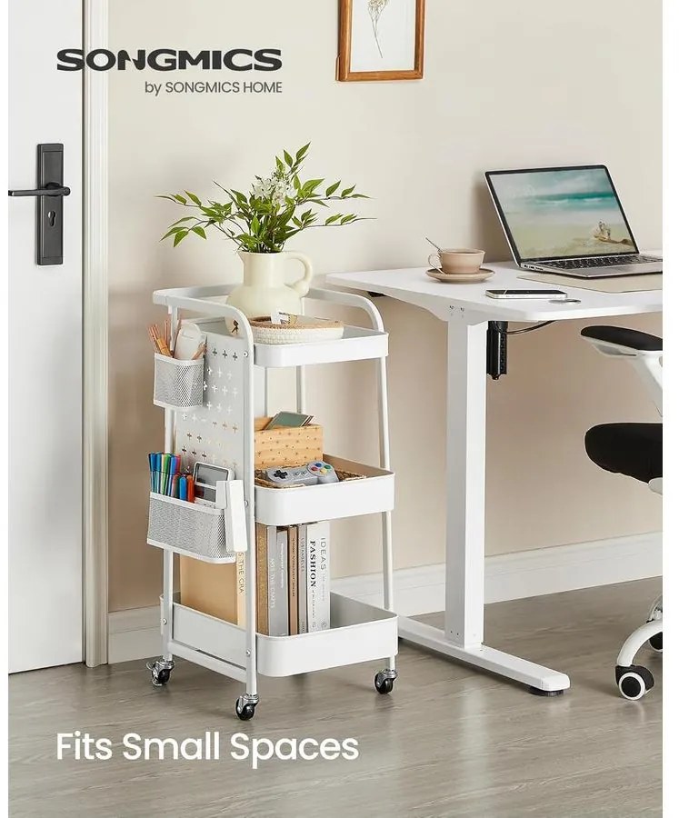 Tárolókocsi 3 fémhálós polccal fehér színben