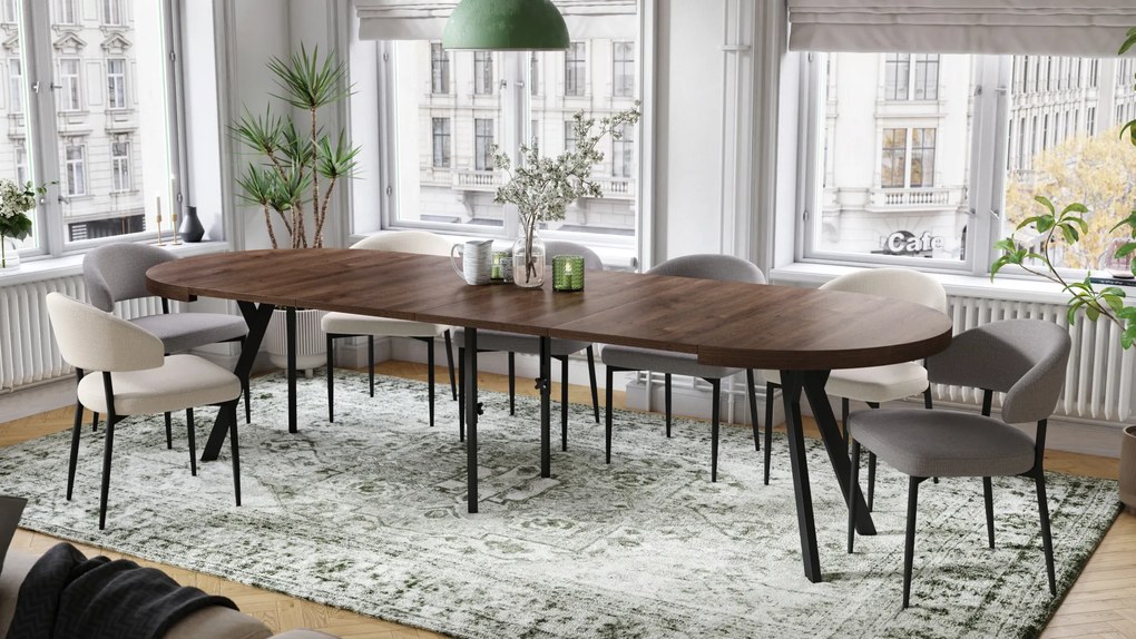 Mazzoni EXPANSO Barna Tölgy/fekete lábak - LOFT/IPARI STÍLUSÚ 310 cm-re BŐVÍTHETŐ NAGY KEREK ASZTAL Ø110 Y LÁBAKKAL