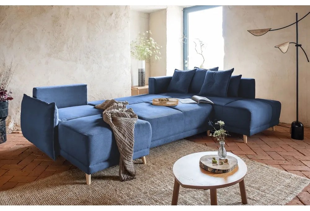 Sötétkék kordbársony kinyitható sarokkanapé (jobb oldali-U alakú) Lazy Lukka – Miuform