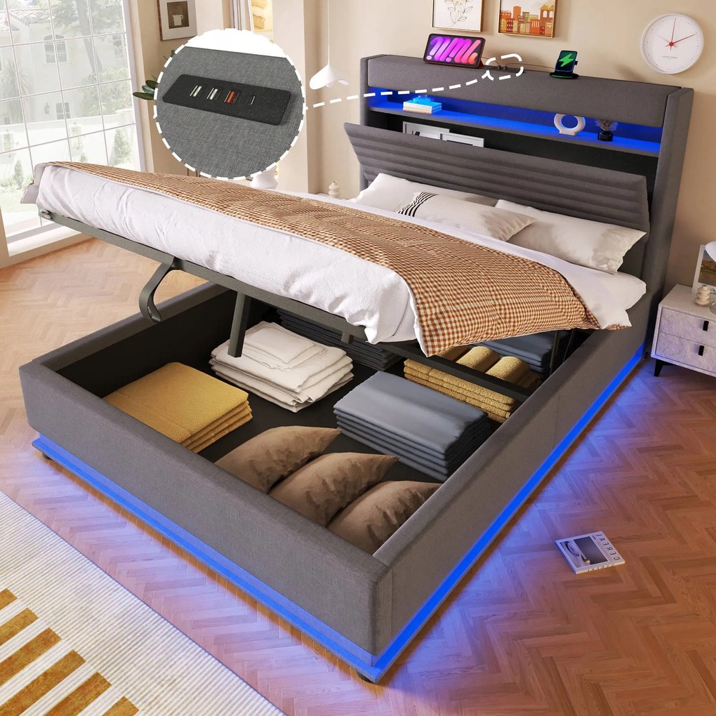 Kárpitozott franciaágy Hidraulikus Led Usb-c 140X200CM szürke