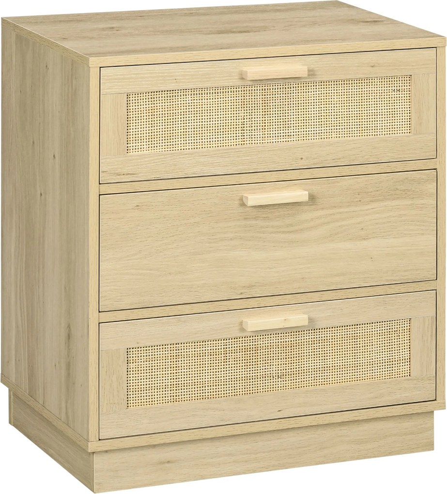 HOMCOM Éjjeli szekrény 3 Rattan Rácsos Fiókkal Fából készült Szekrény Hálószobába, Nappaliba Bohemian Stílusban 60x38x69 cm Természetes | Aosom