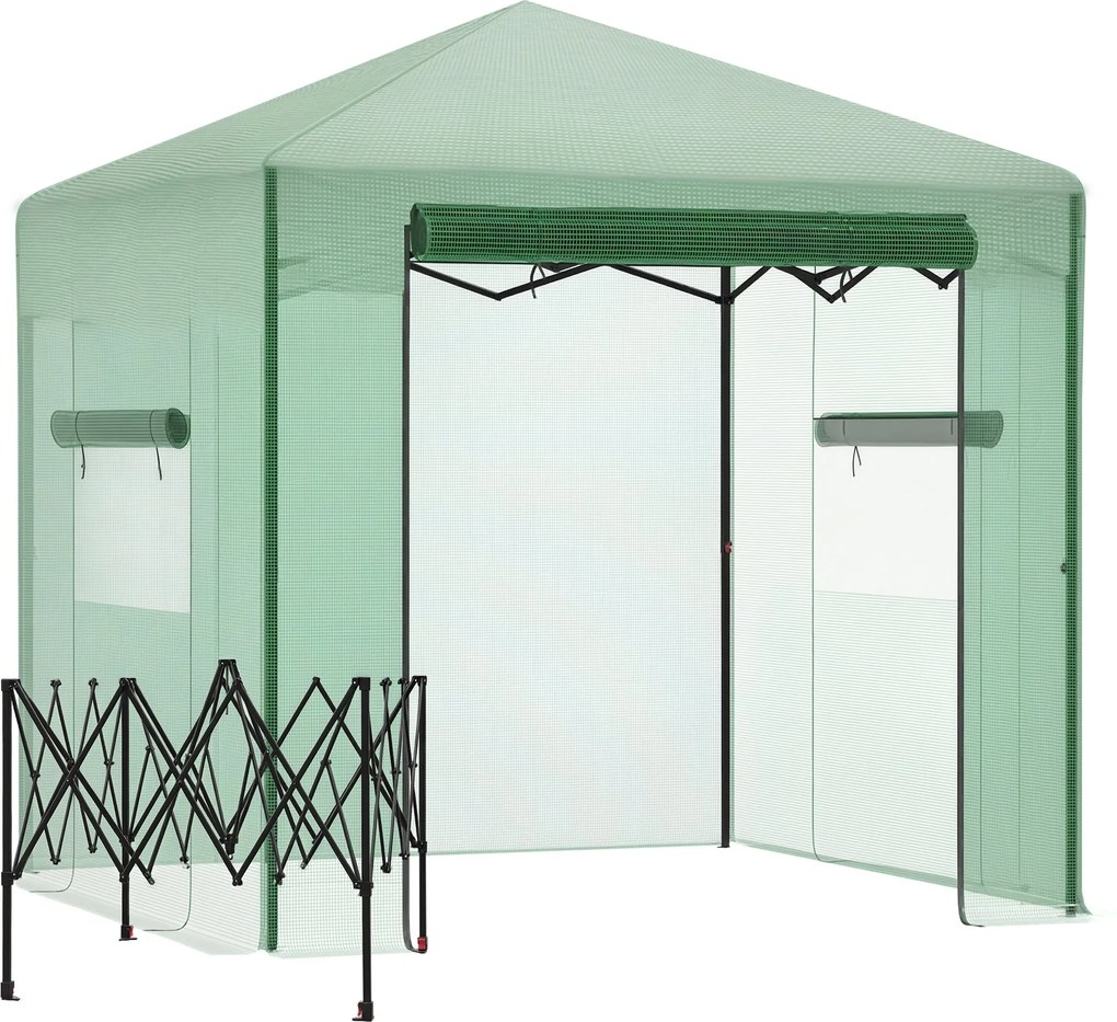 Outsunny Üvegház Zöldség Üvegház Paradicsom Üvegház Rolós Ajtóval és Ablakkal PE Acél Sötét Zöld 238 x 178 x 240 cm | Aosom