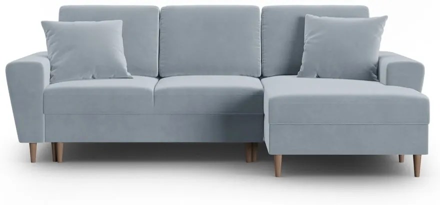 Világoskék bársony kinyitható tárolóhelyes sarokkanapé (jobb oldali-heverő résszel) Kyoto – Cosmopolitan Design