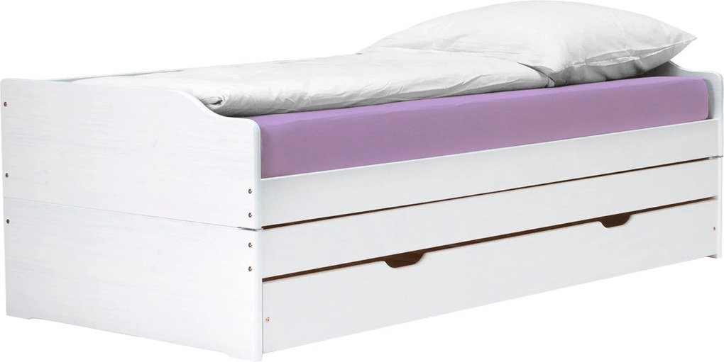 Ágy kihúzható pótágyakkal, fehér, tömörfa, 90x200, FLOPY