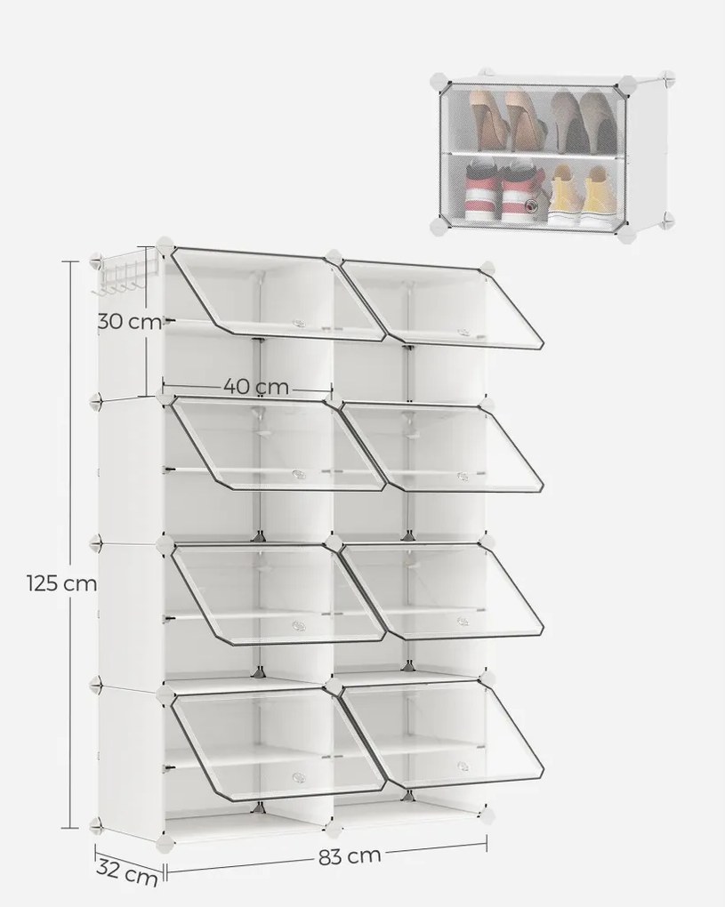 Cipőtartó, 8 rekeszes, ajtókkal, 32 pár cipőhöz, acélkeret, műanyag panel, fehér