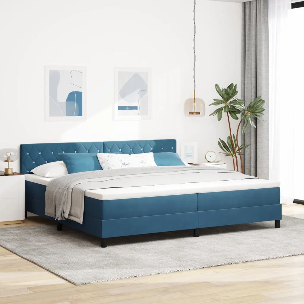 Boxspring Ágy Mattal & LED Sötétkék 200x200 cm Bársony