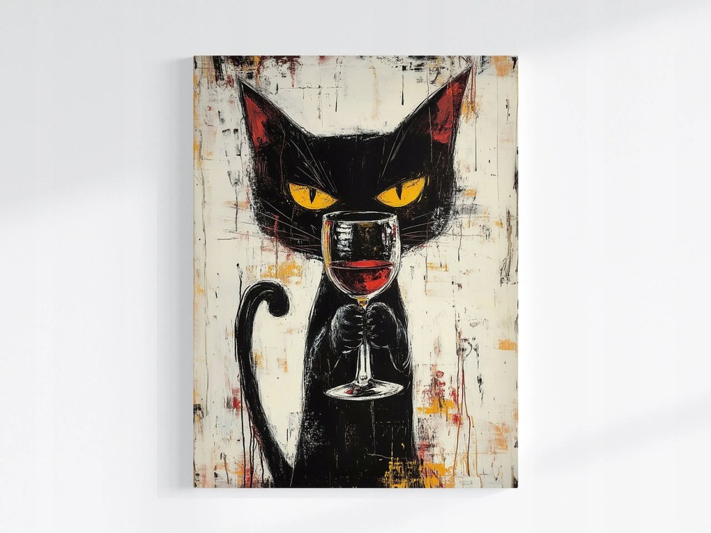 Vászonkép Canvas Bár Konyha Fekete Macska Portré Vörösbor 75x100