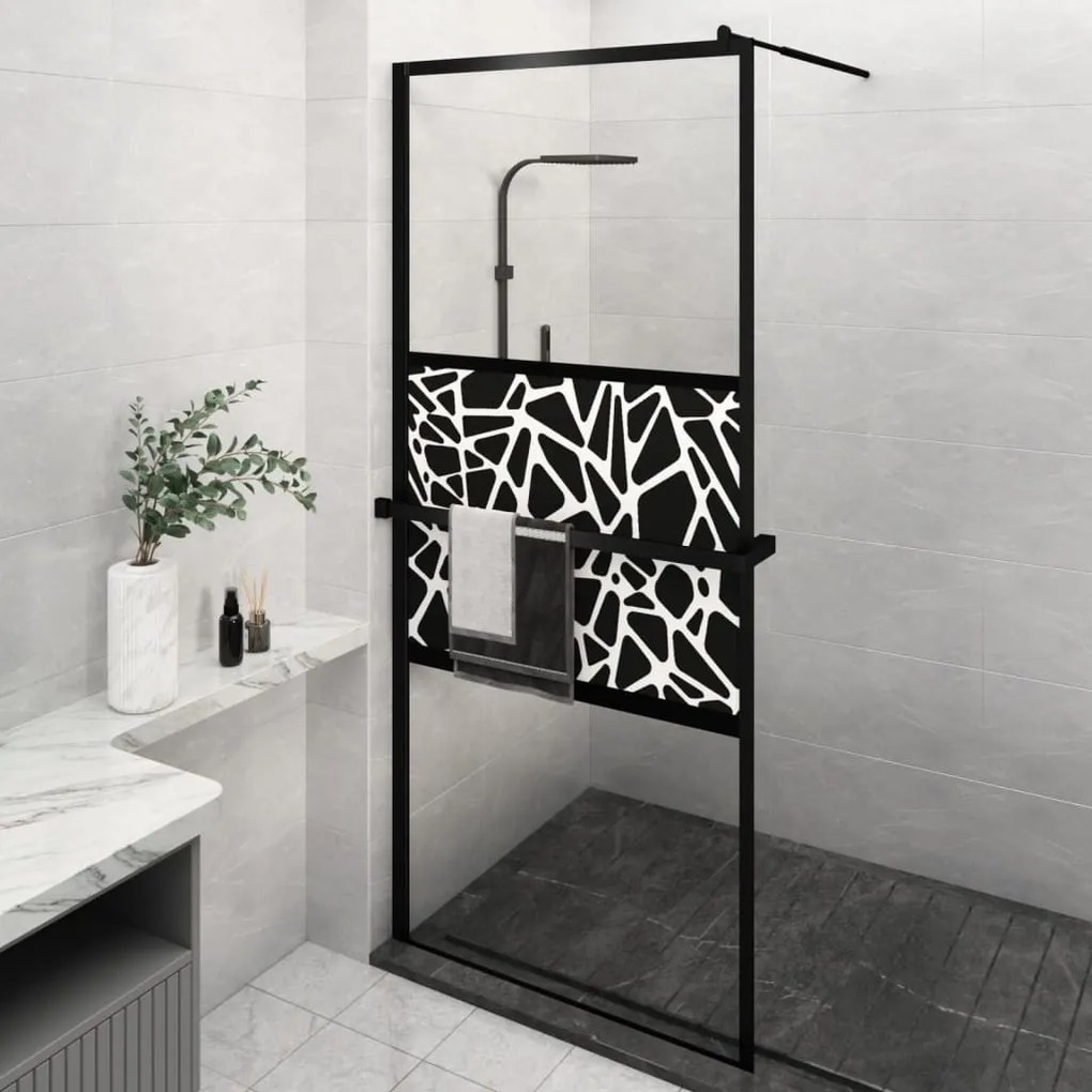Fekete ESG üveg és alumínium zuhanyfal polccal 90 x 195 cm