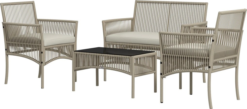 Outsunny 4 részes Rattan Kerti Bútor Szett – 1 Kétszemélyes Kanapéval, 2 Karosszékkel és 1 Üveg Asztallal, Kültéri Khaki | Aosom