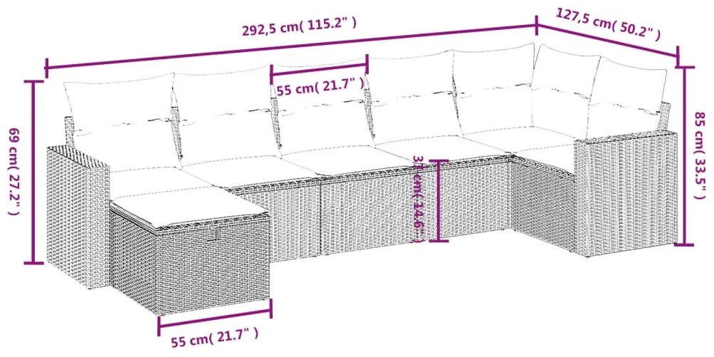 7 részes szürke polyrattan kerti ülőgarnitúra párnákkal