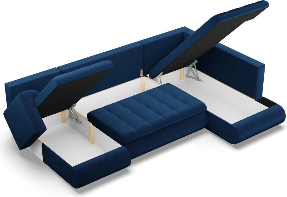 Tokio U sarokkanapé, 3 ágyneműtartóval, bársony, jobboldali, kék