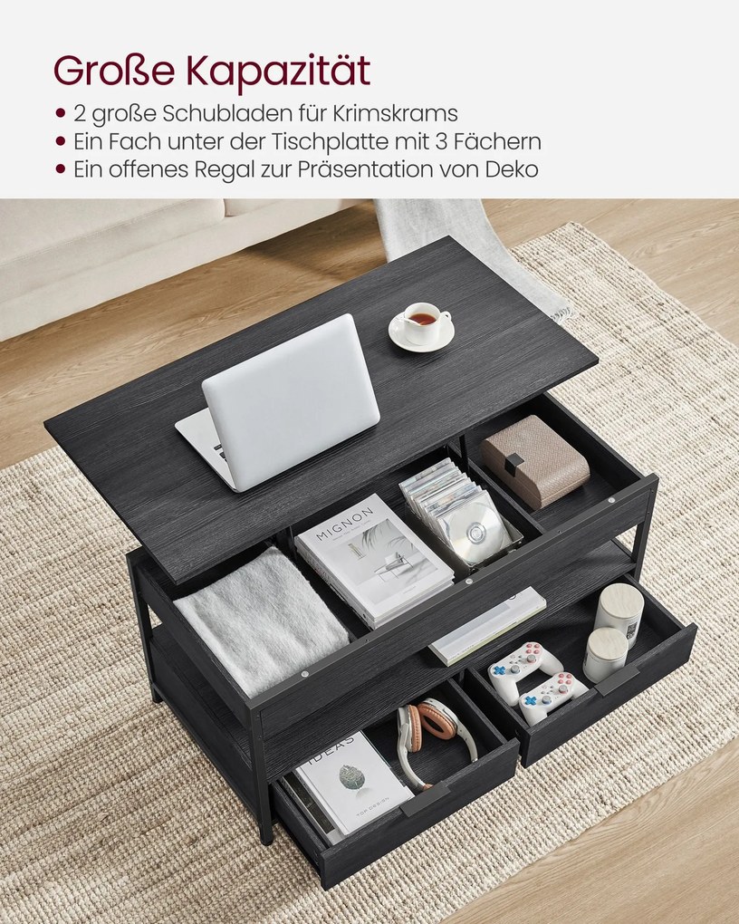 Dohányzóasztal, magasságában állítható, 50×100 cm, antracitszürke–tintafekete