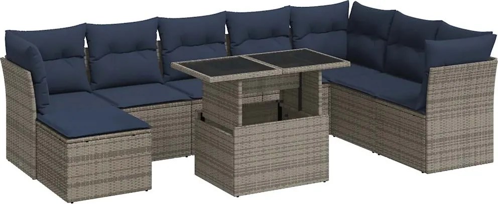 vidaXL 9 részes szürke polyrattan akácfa kerti ülőgarnitúra párnákkal