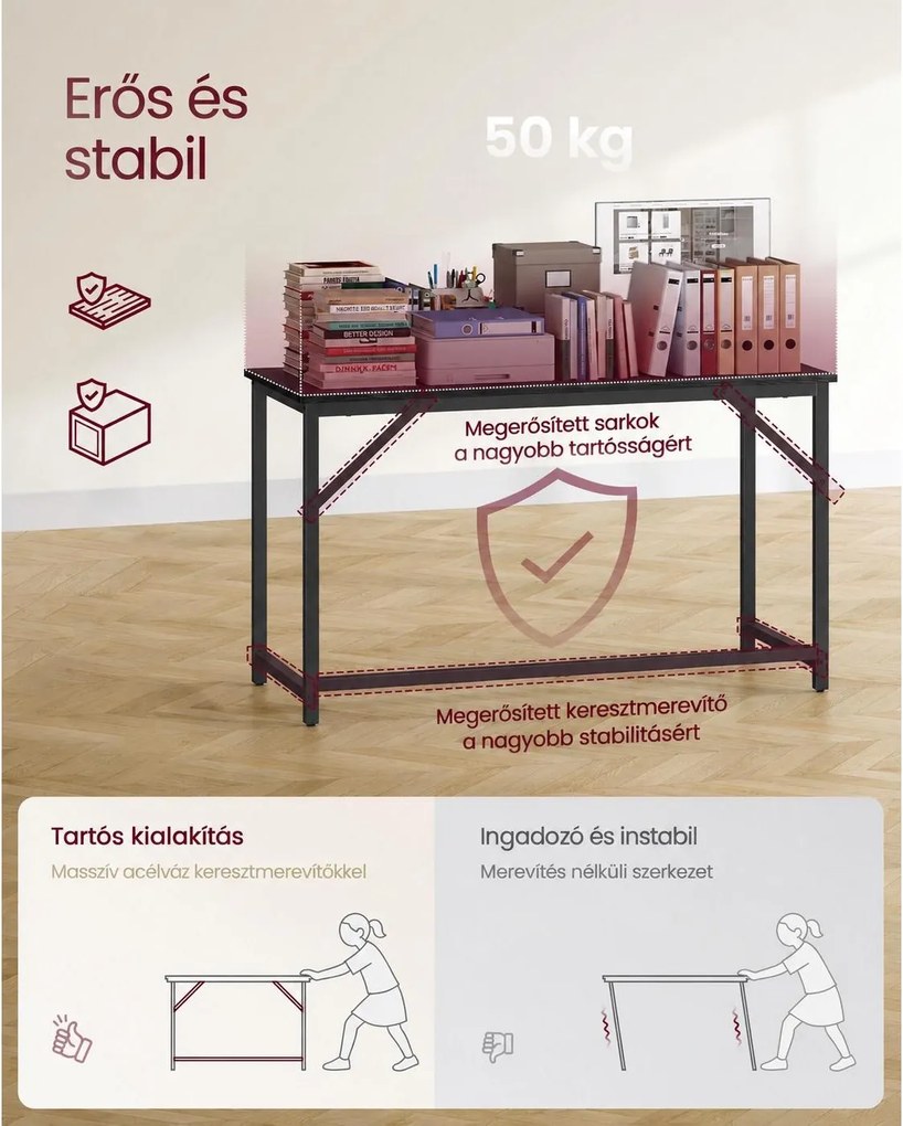 VASAGLE számítógépasztal, íróasztal, 120 x 50 x 76 cm, acélvázzal, állítható lábakkal, ébenfekete és tintafekete