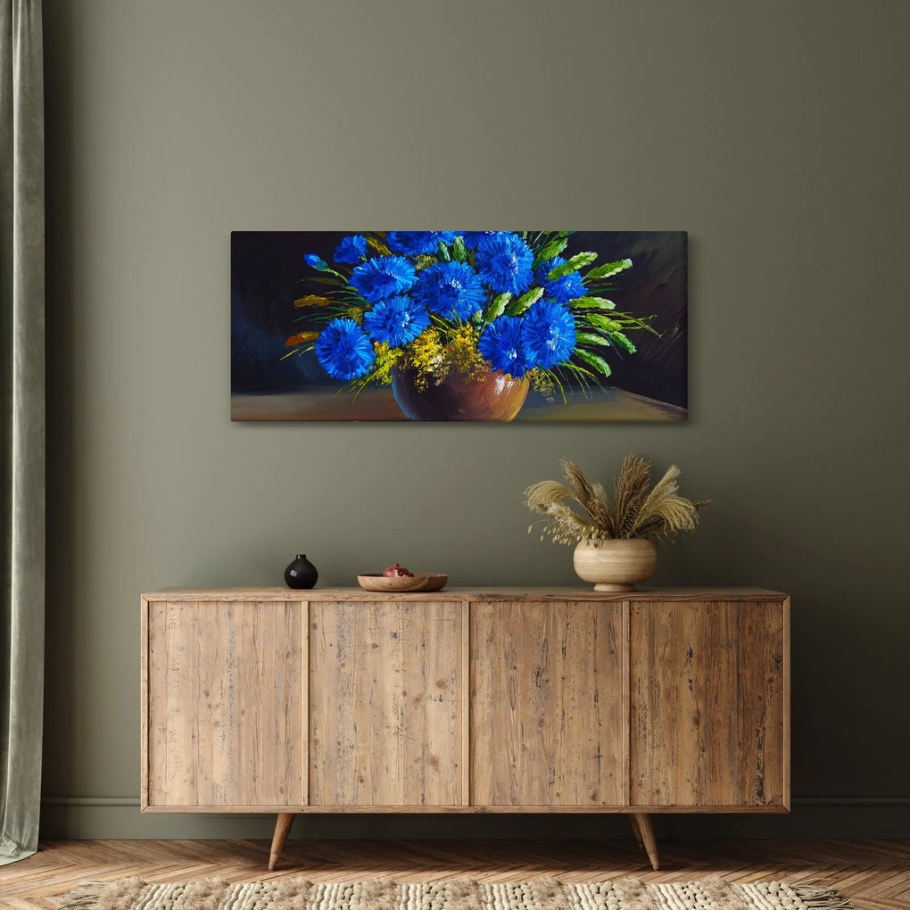 Kék virágok képe egy vázában (120x50 cm)