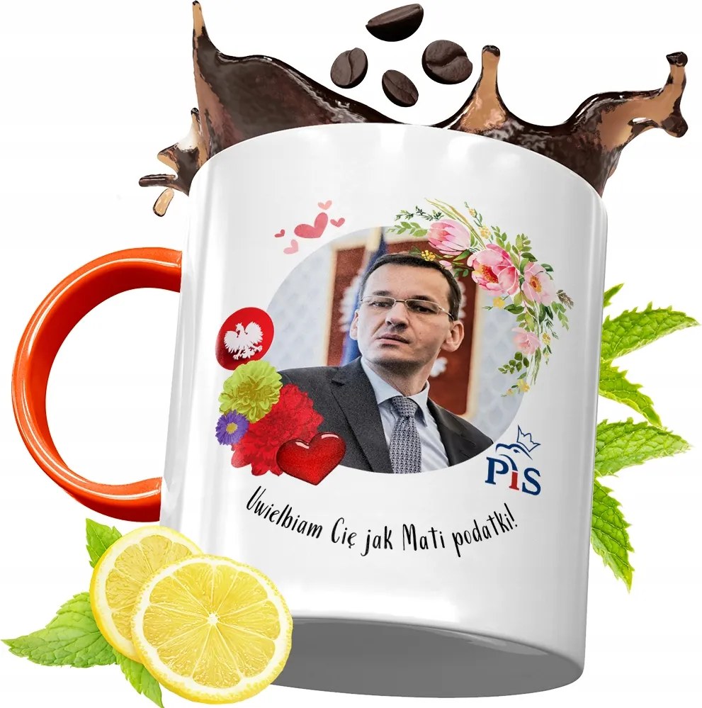 Narancssárga Bögre Mateusz Morawiecki Ajándék fényképes nyomtatással