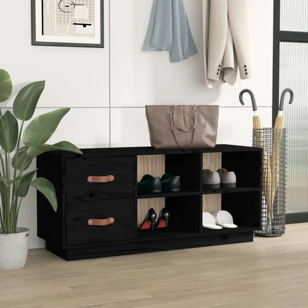 fekete tömör fenyőfa cipőtároló pad 100 x 34 x 45 cm
