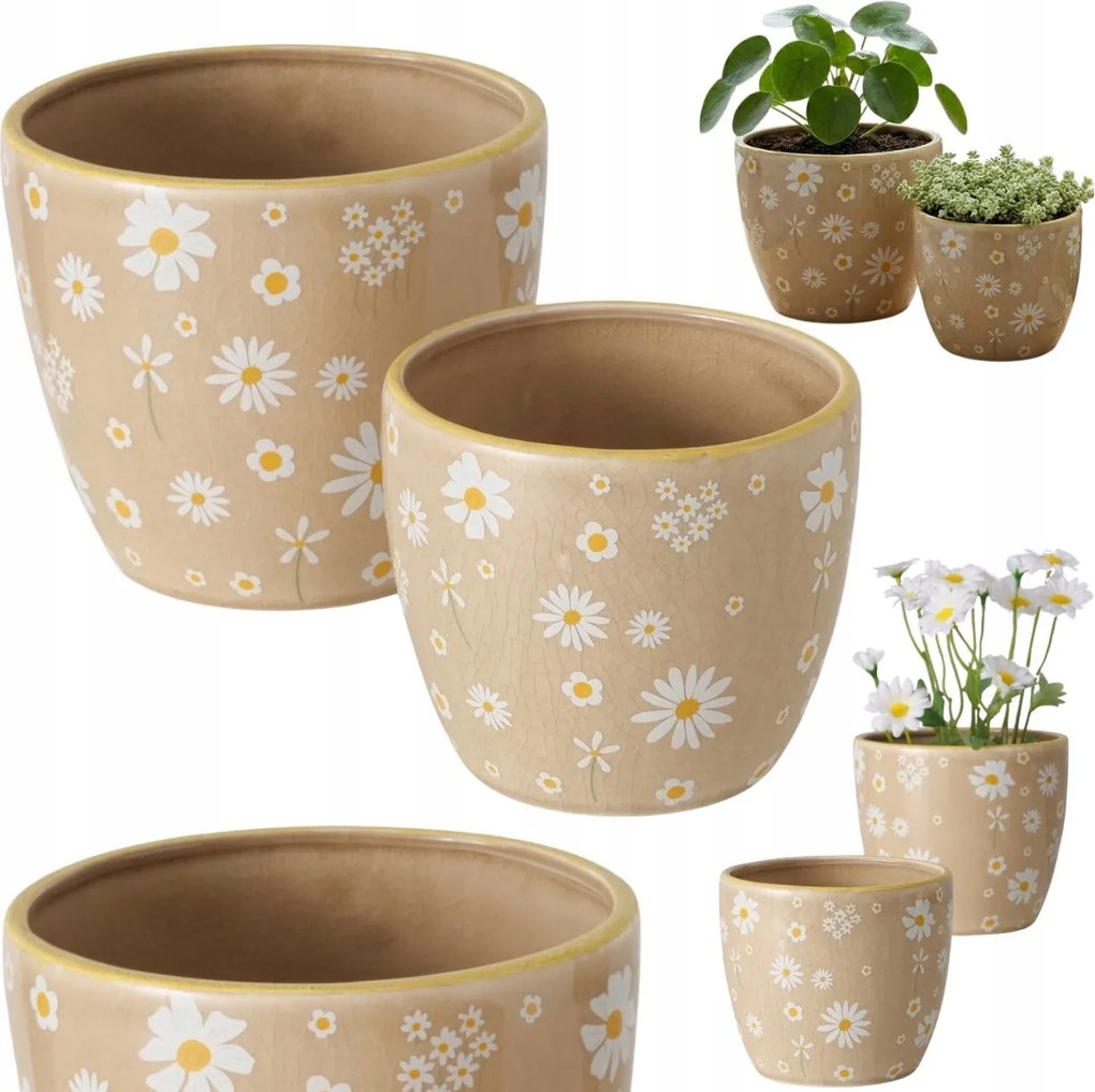 Kerámia Virágtartó Szett Bézs Virágtartó Szett Kerek Dekoratív Retro