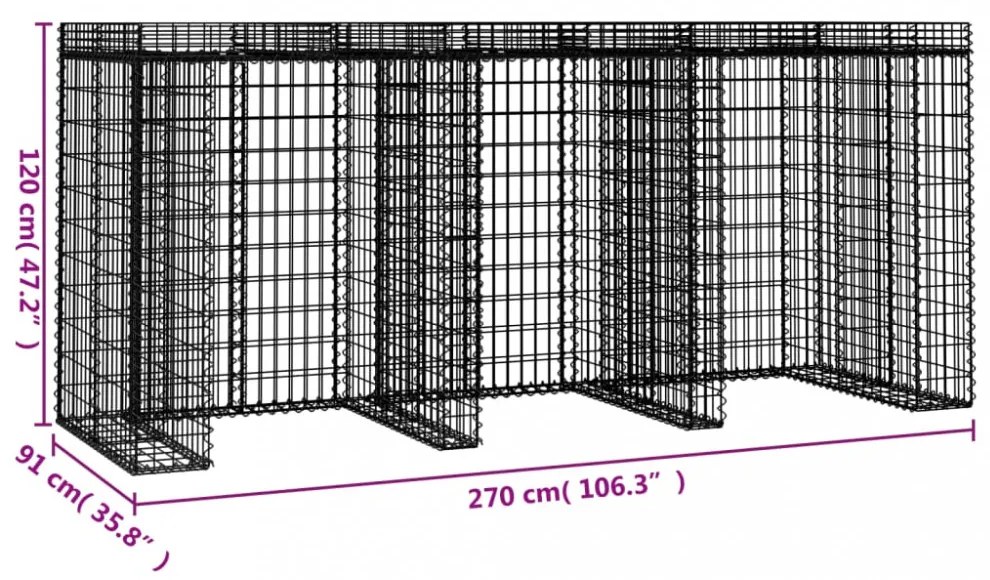 horganyzott vas gabionkosár szemeteskukához 270 x 91 x 120 cm