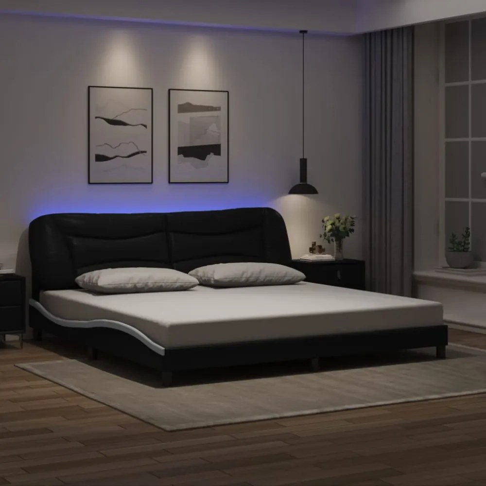 fekete és fehér műbőr ágykeret LED-világítással 200x200 cm