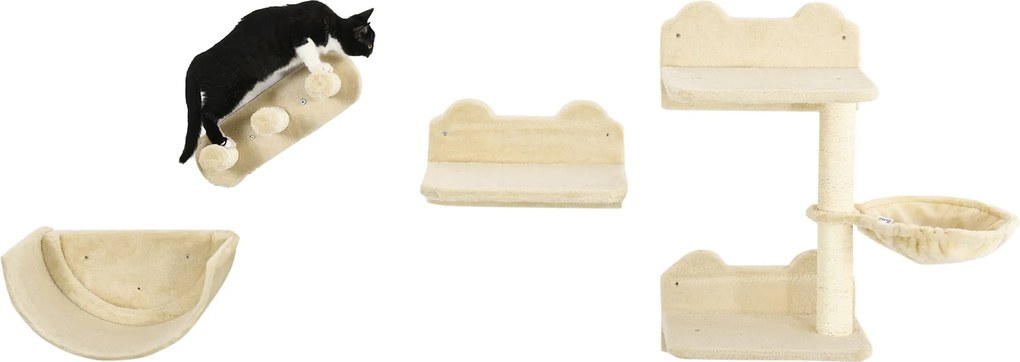 PawHut Macska Mászófal 4 Darabos Készlet Macska Lépcsővel, Macska Híd, Hammock, Kaparóoszlop Ugró Platformmal, Falra Szerelhető Macska Fa, Falra Szere