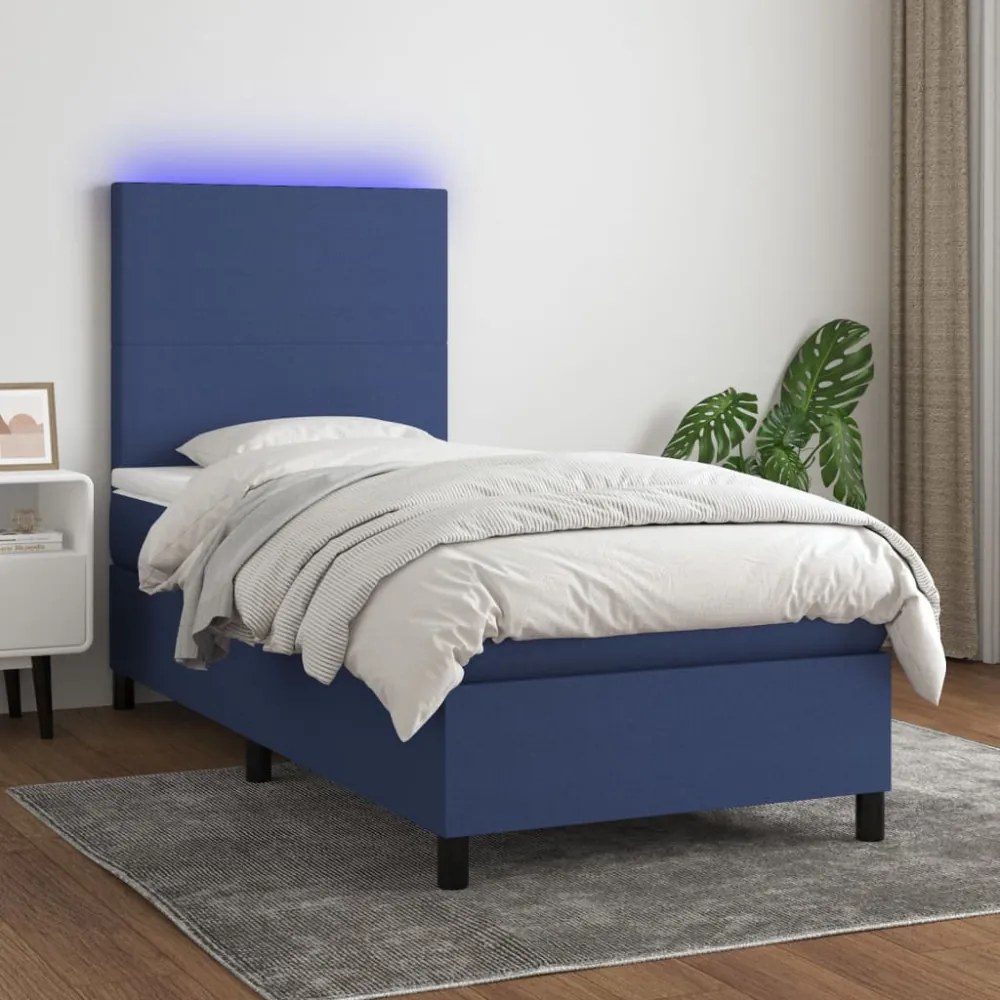 kék szövet rugós és LED-es ágy matraccal 90x200 cm