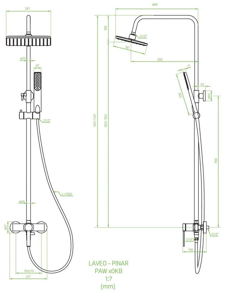 Laveo Pinar, falra szerelhető zuhanygarnitúra h-1000-1300, króm, PAW00KB, LAV-PAE_00KB