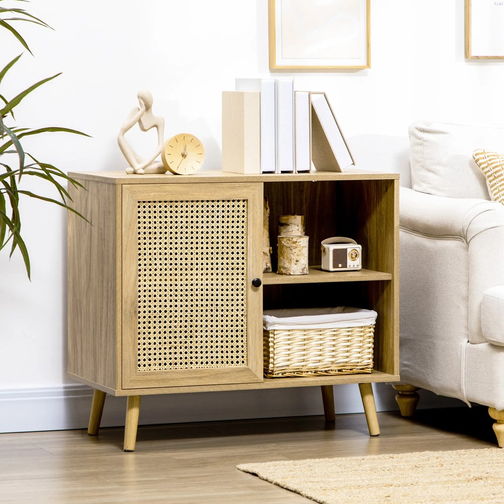 HOMCOM Tároló Szekrény 1 Rattan Hatású Fa Ajtóval - méretei: 80L x 39W x 70H cm | Aosom