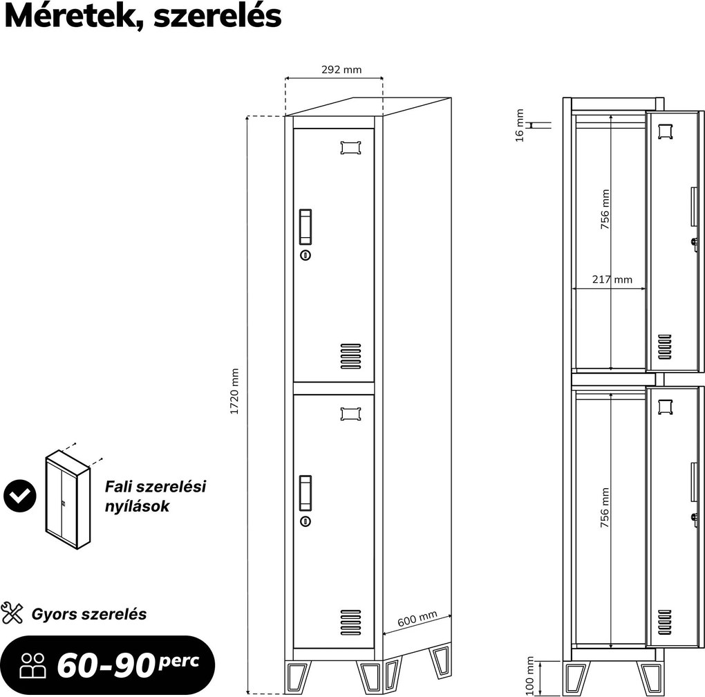 Öltözőszekrény fém munkahelyi mély 2 ajtós fehér/sonoma tölgy, 292x1720x600 mm: BARTEK 1 Plus D600 Eco Design