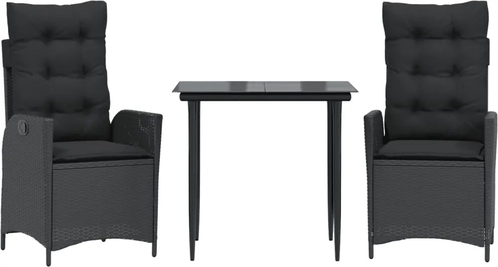 vidaXL 3 részes fekete polyrattan kerti étkezőgarnitúra párnákkal