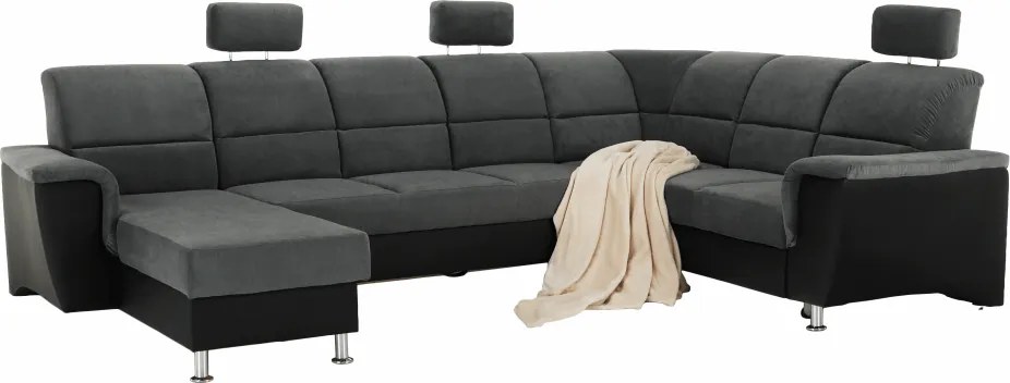 Ülőgarnitúra, műbőr fekete/szövet sötétszürke, jobbos, SANTIAGO U