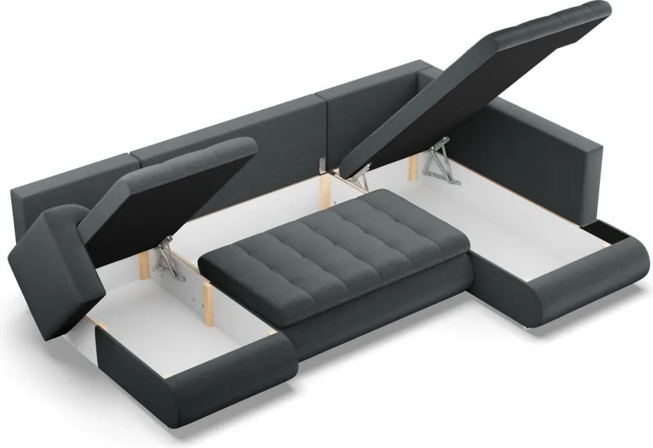 Tokio U sarokkanapé, 3 ágyneműtartóval, bársony, jobboldali, szürke