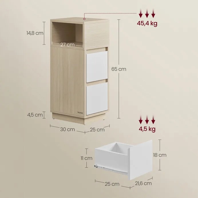 Lerakóasztal 25 × 30 × 65 cm, MDF, fehérített tölgy ANT-E1065 BUK