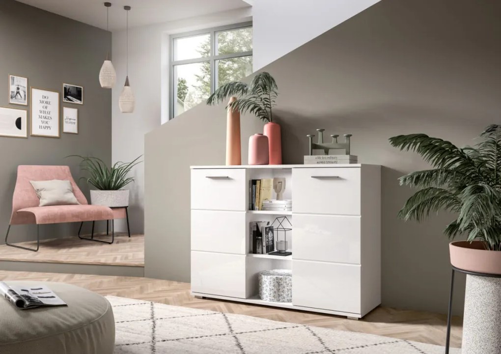 Prego 2 ajtós 3 polcos komód fehér