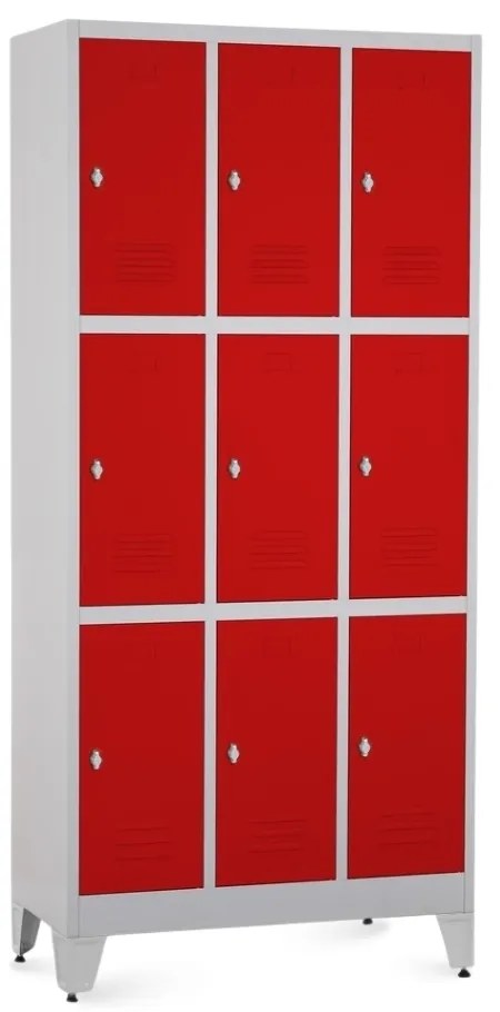 Fém szekrény - 9 doboz, 90 x 45 x 196,5 cm, helyreigazítással, lakathoz zár, piros - ral 3000